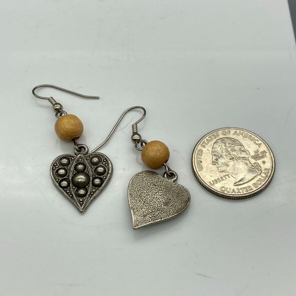 Vintage Boho Heart Drop Earrings, Wooden Bead and Brutalist Heart Dangle - Picture 6 of 6